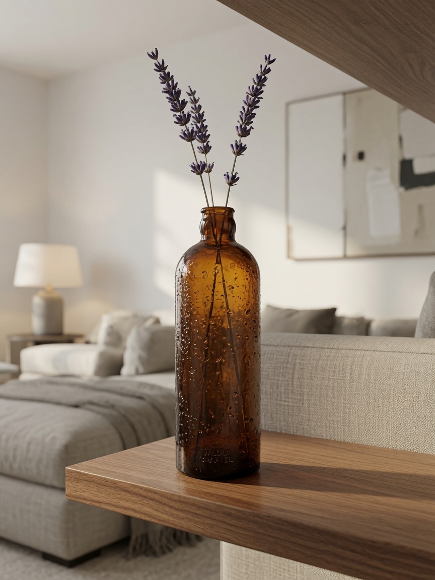Soliflore Compoz en verre ambré craft texturé avec brins de lavande, console en noyer