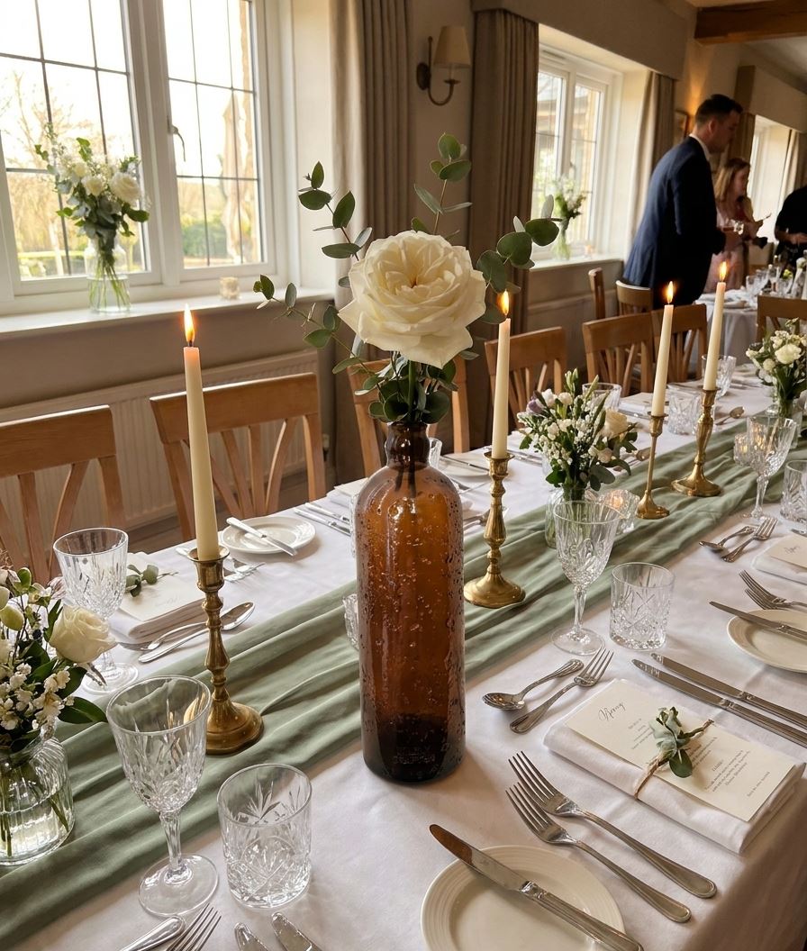Soliflore Compoz en verre ambré en centre de grande tablée de mariage, chandelles et chemin de table sauge